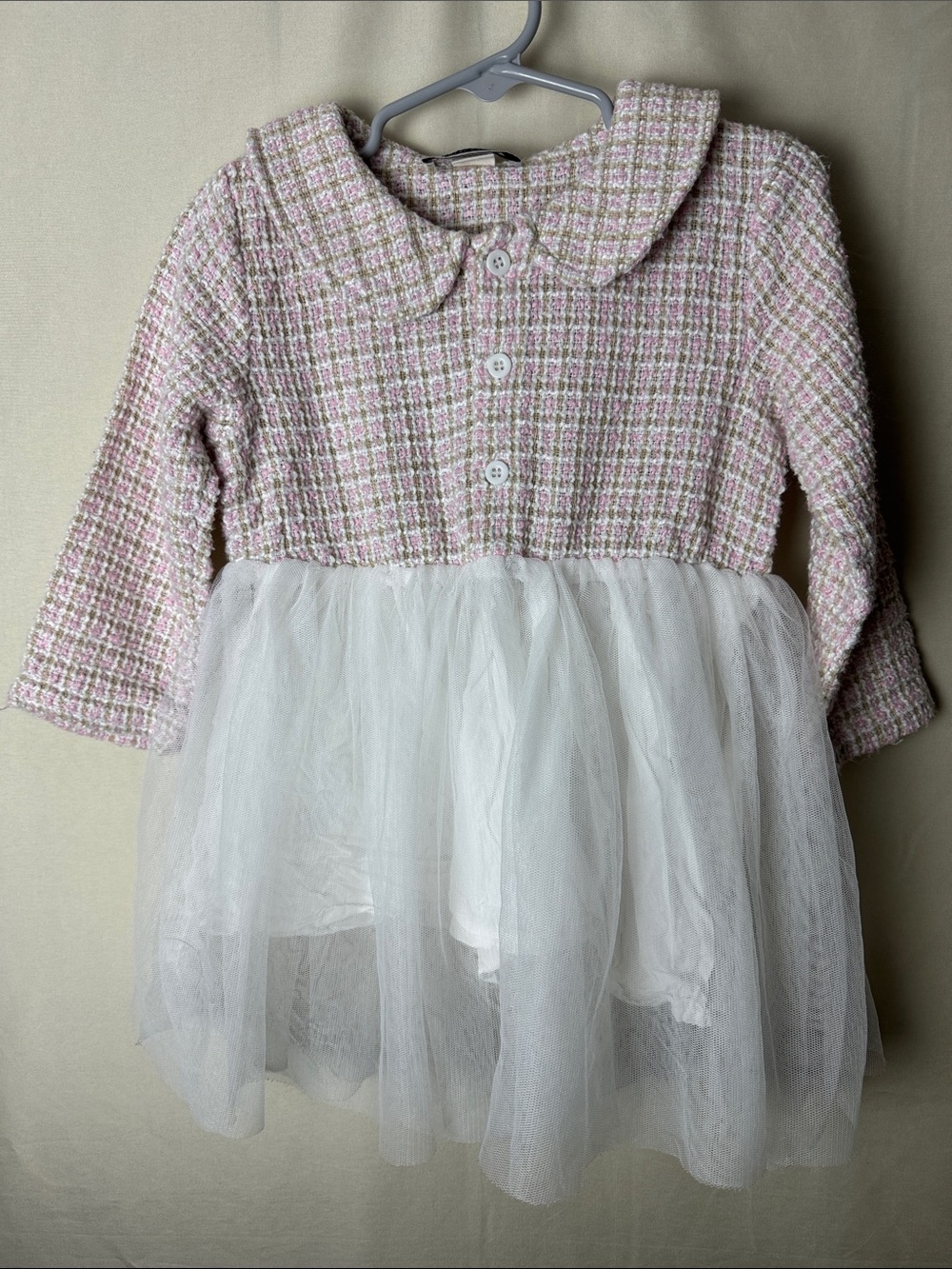 Girls Pink Tweed Jacket Dress with White Tulle Skirt